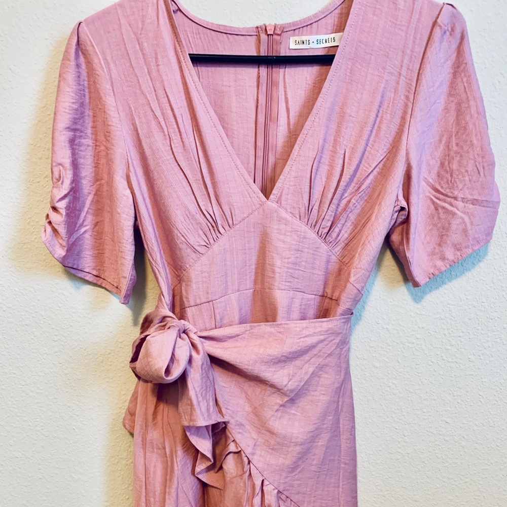 Mauve Ruffle Trim Wrap Front Dress